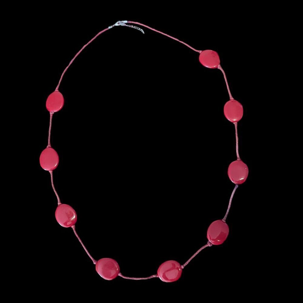 VTG 60’s 70’s Statement Necklace Lucite MCM Flat Bead Rope Boho Red Adjustable